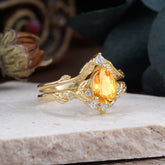 Nature-Inspired 3-Prong Tear-Cut Citrine Engagement Ring Set